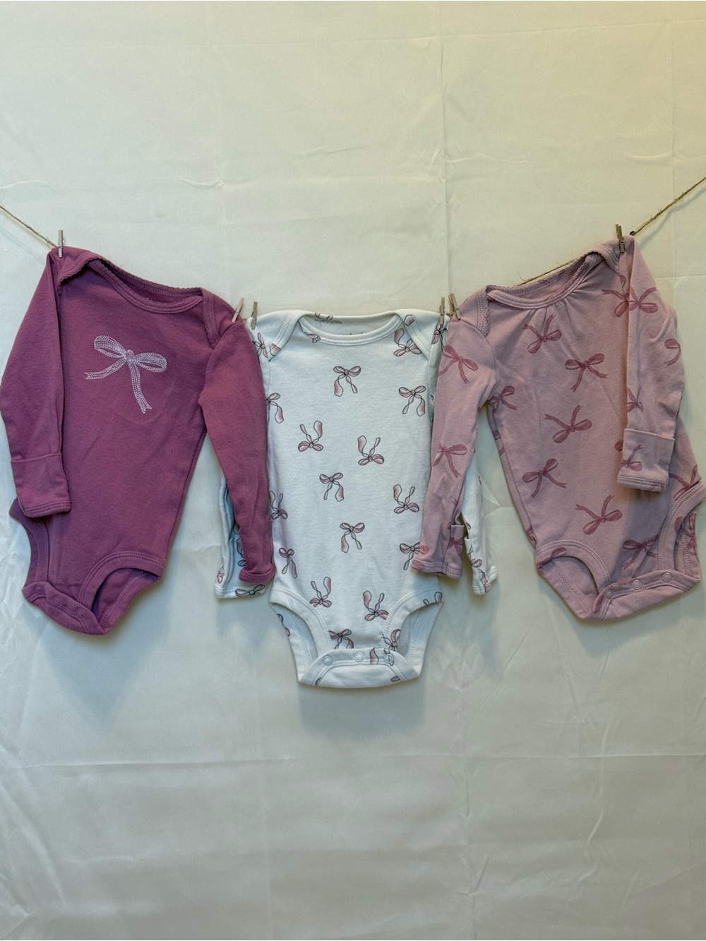 Carter’s - Long-Sleeve Bow Print One-Piece Bodysuits - Pink & White